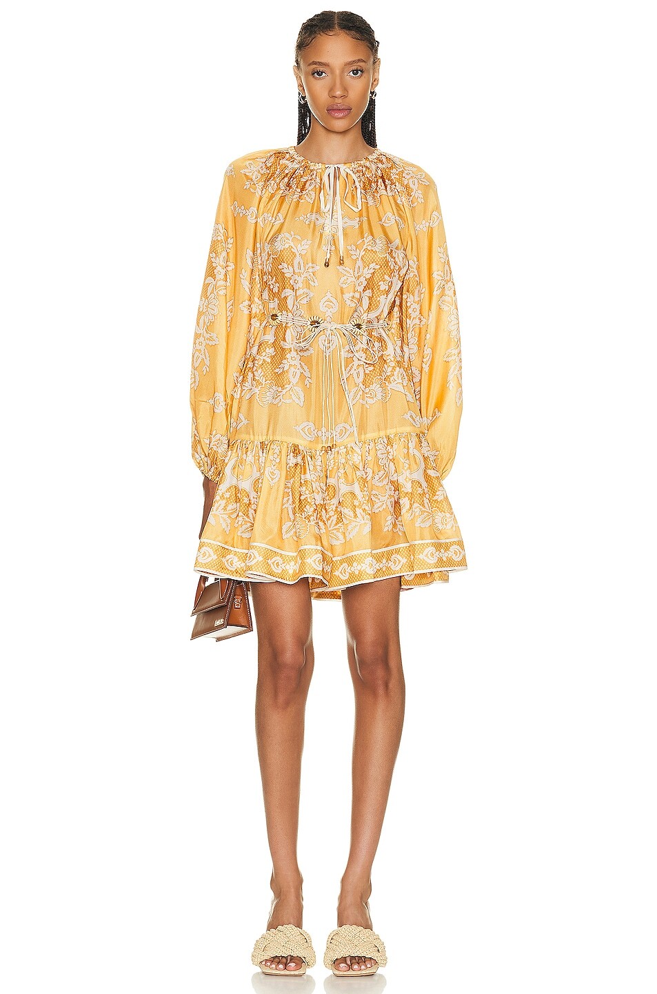 

Платье мини Zimmermann Raie Tiered Billow, цвет Gold Damask