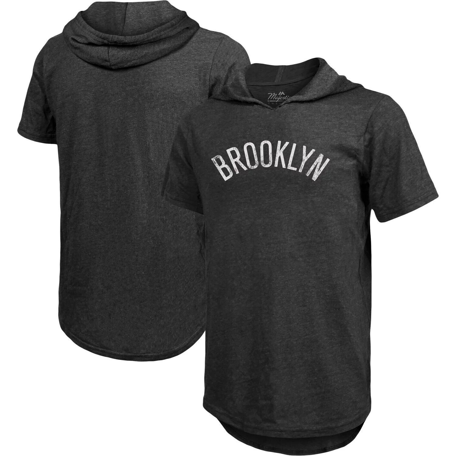 

Мужская футболка Majestic Threads Heathered Black Brooklyn Nets с надписью Tri-Blend с капюшоном