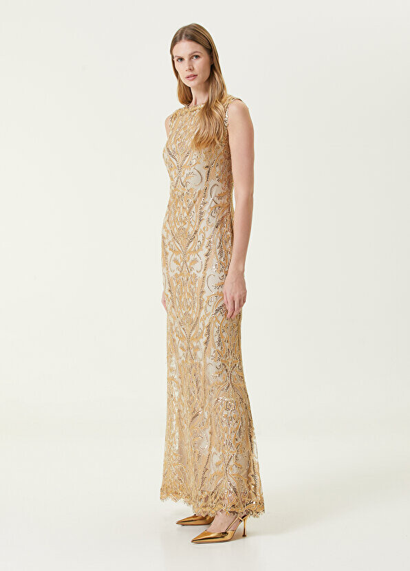 

Золотое кружевное вечернее платье макси Tadashi Shoji
