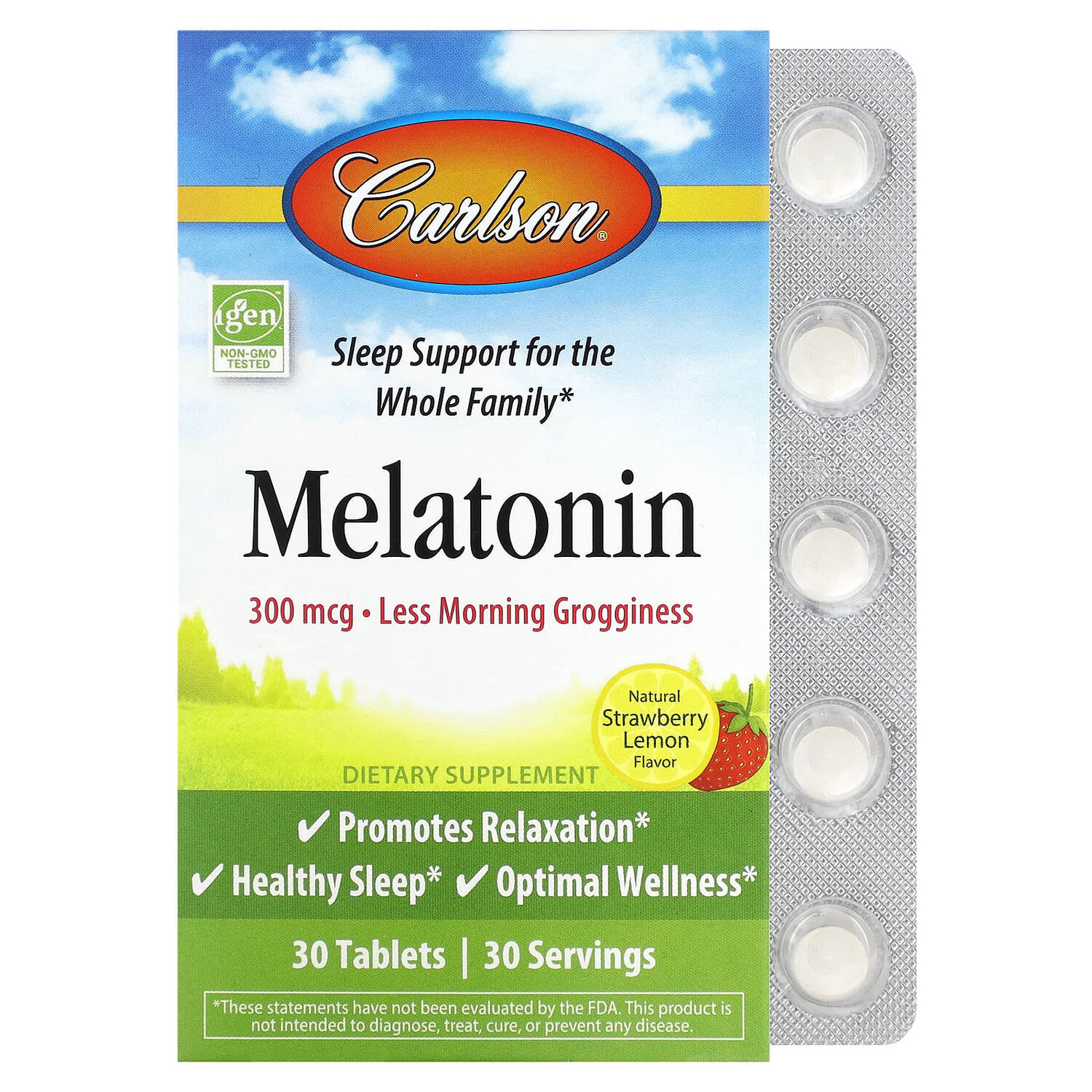 

Melatonin, Natural Strawberry Lemon, 300 mcg, 30 Tablets, Carlson