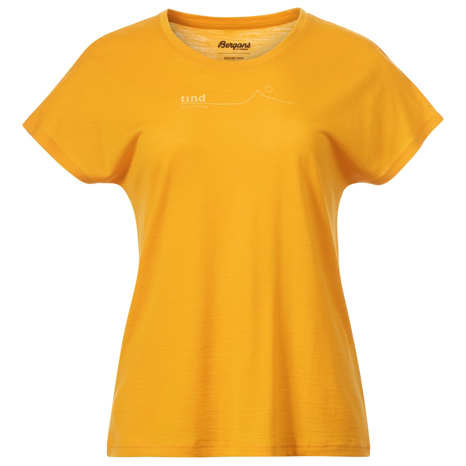 Рубашка из мериноса Bergans Women's Tind Crux Merino Tee, цвет Marigold Yellow/Buttercup Yellow Moon Peak
