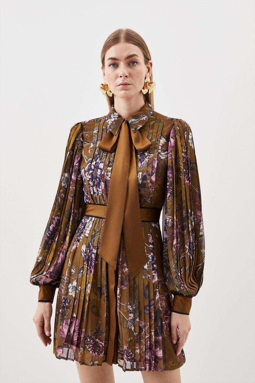 

Плиссированное мини-платье с ботаническим узором Karen Millen, мультиколор