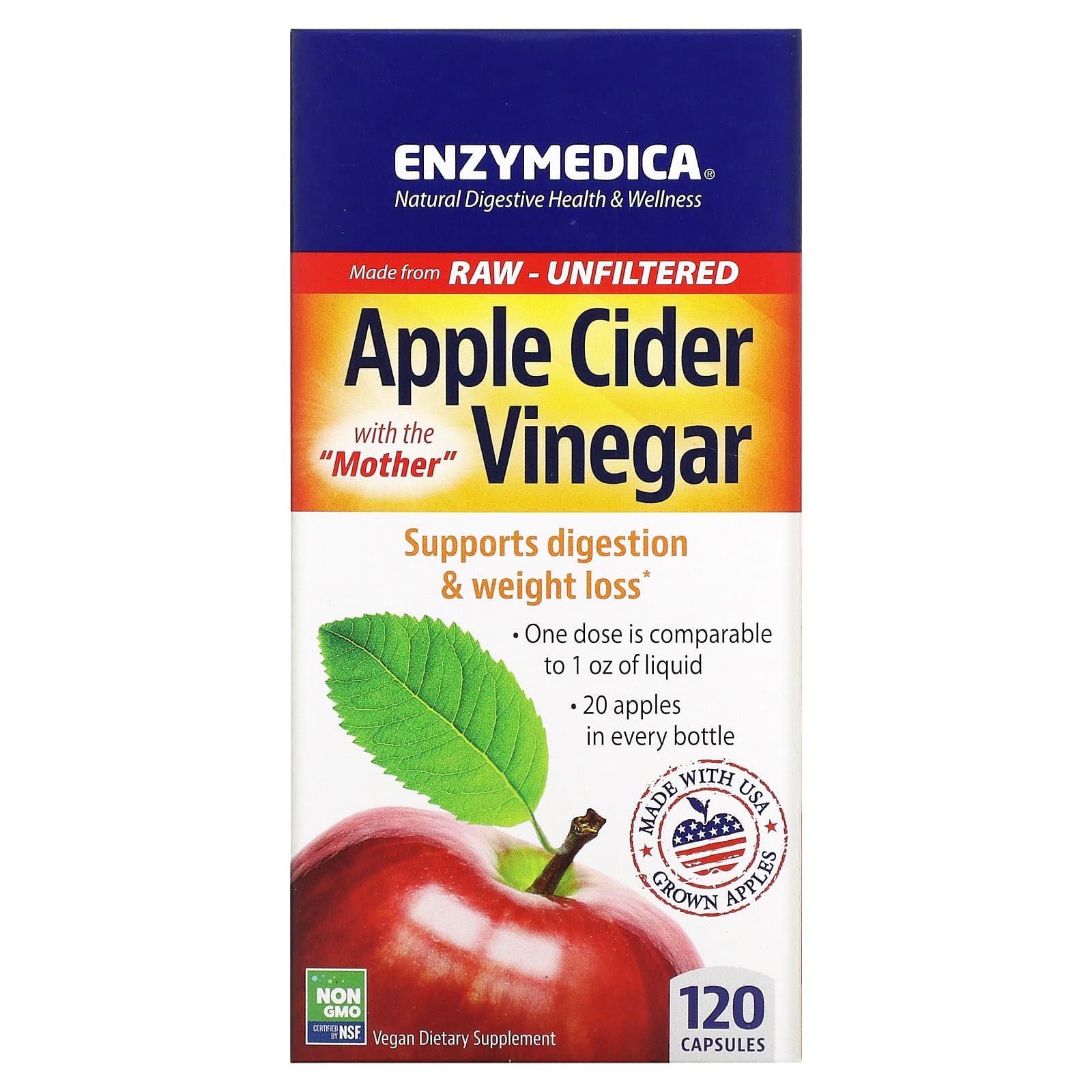 Enzymedica Apple Cider Vinegar with the Mother 120 Capsules