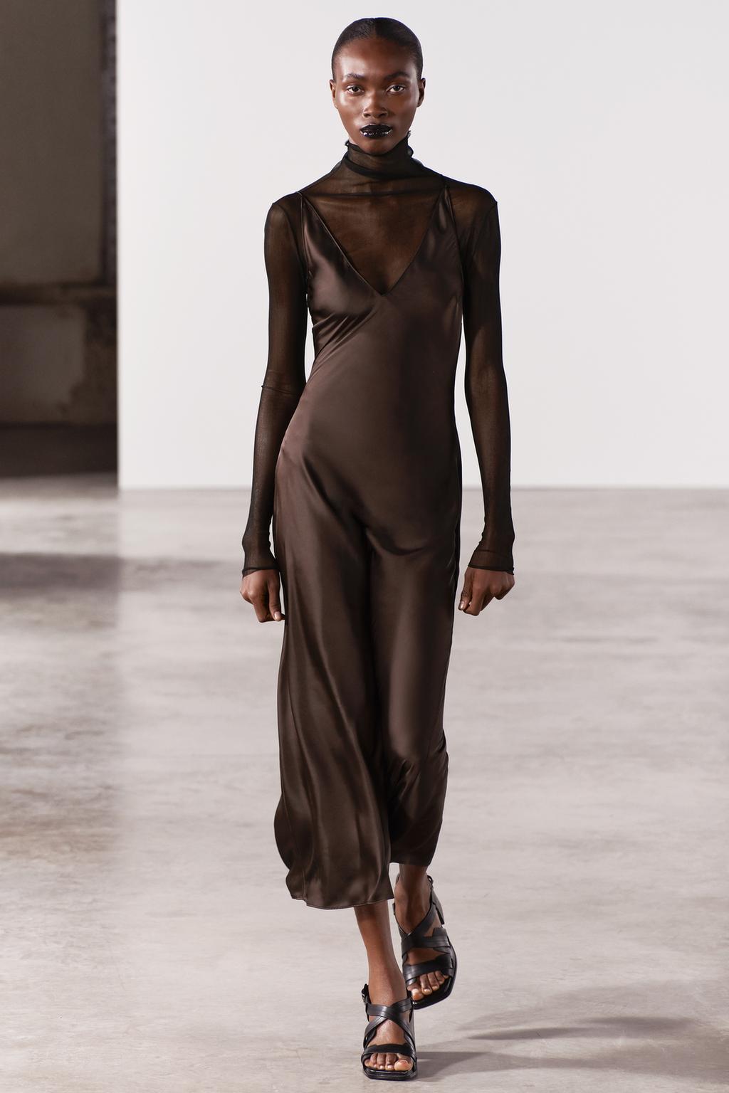 Атласное платье-комбинация ZARA, коричневый