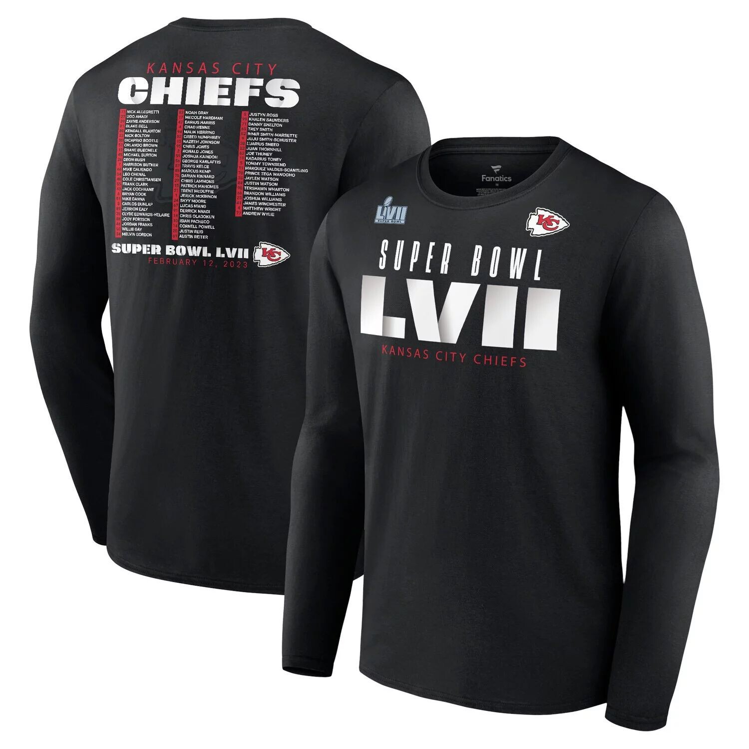 

Мужская черная фирменная футболка с длинным рукавом Kansas City Chiefs Super Bowl LVII Varsity Roster Fanatics, Черный