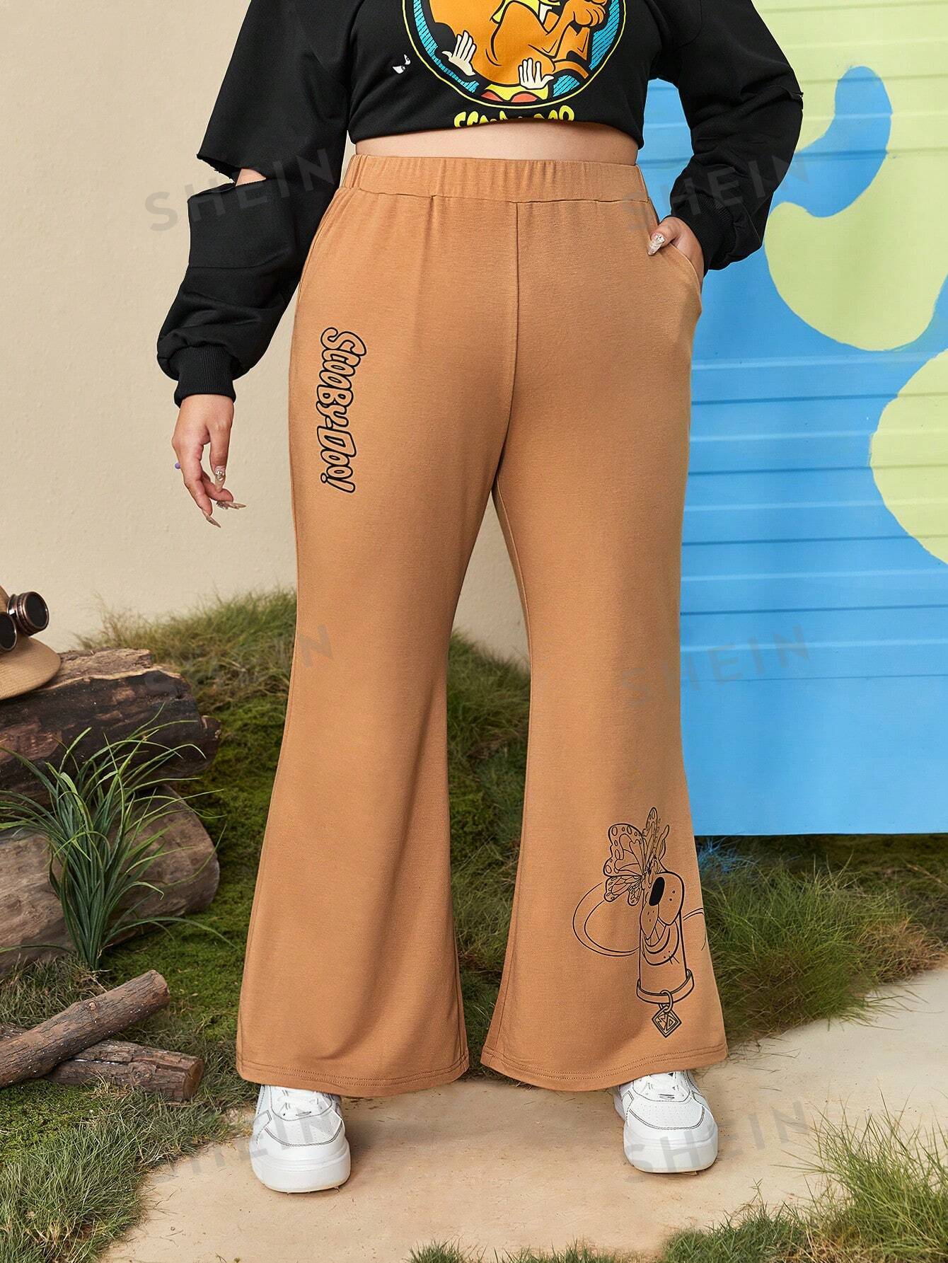 scooby doo Расклешенные брюки SHEIN Plus с рисунком и буквами, хаки
