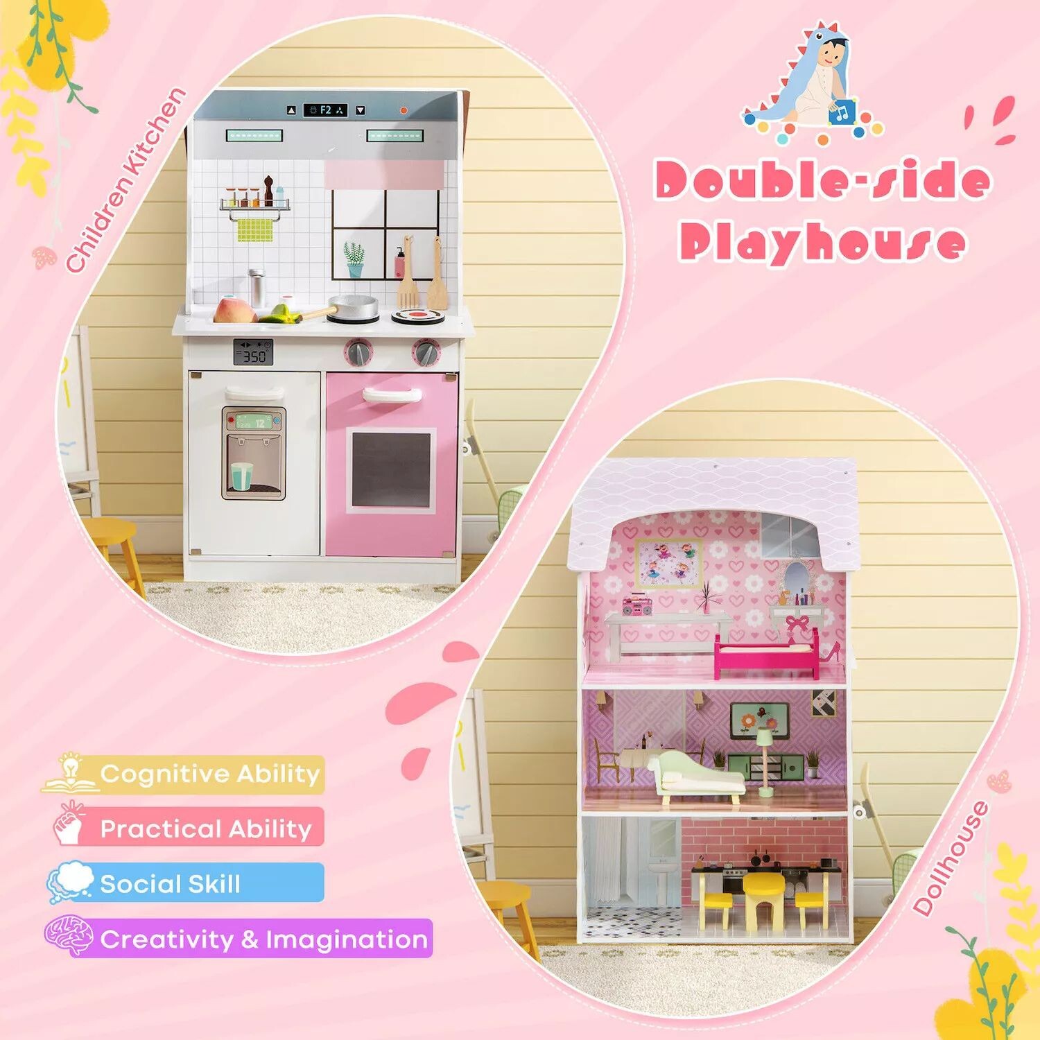 

Детский кухонный игровой набор и кукольный домик 2-в-1 с аксессуарами Slickblue