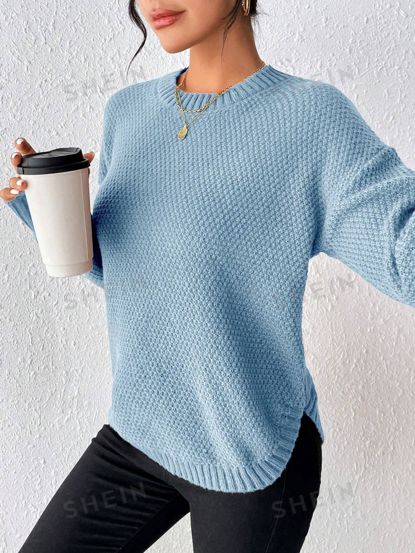 SHEIN Essnce однотонный свитер свободного кроя с разрезом по бокам и заниженной линией плеч, голубые