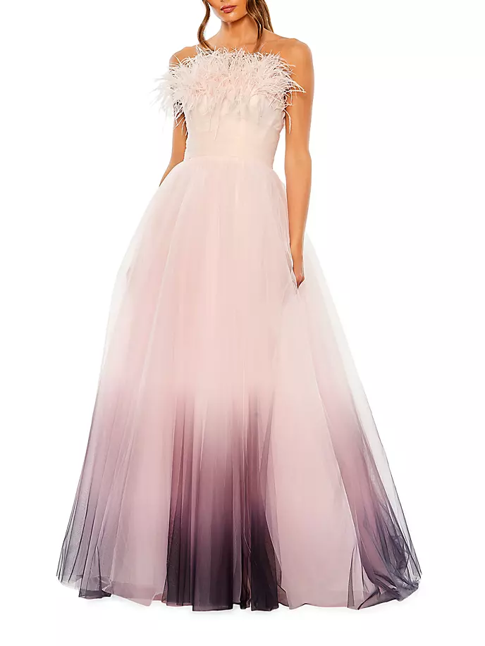 

Платье без бретелек из перьев и тюля Mac Duggal, цвет pink ombre