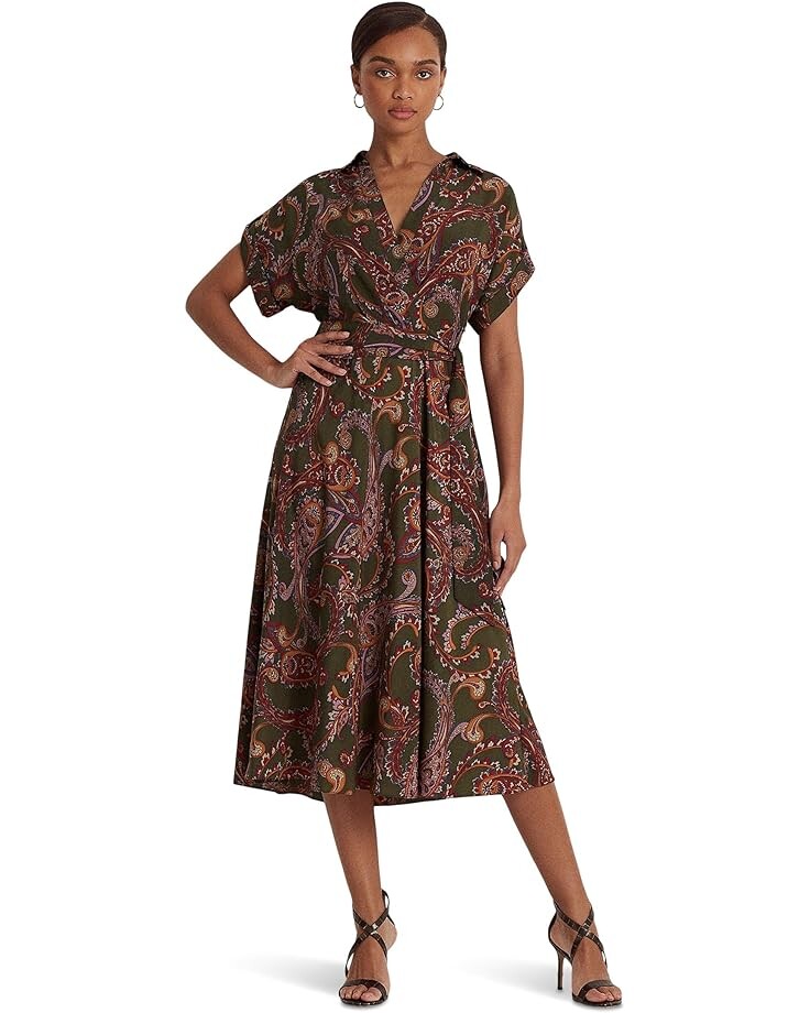 

Платье LAUREN Ralph Lauren Paisley Belted Crepe, оливковый, Зеленый
