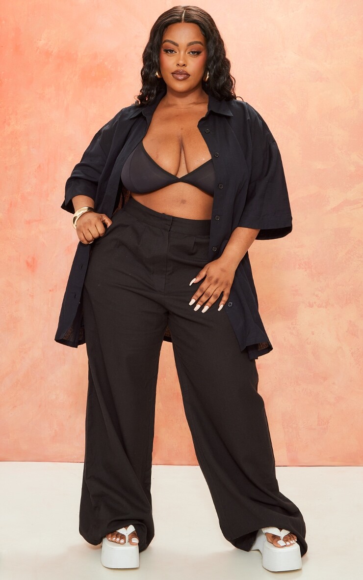 

PrettyLittleThing Черные льняные строгие брюки Plus, Черный