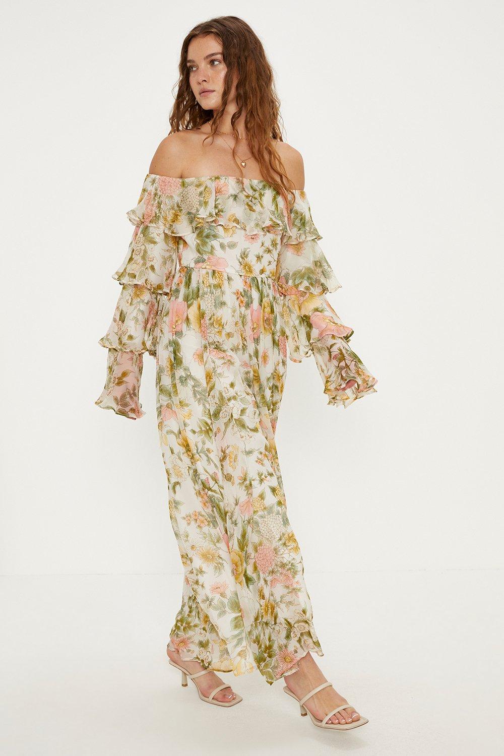 Мягкое шифоновое платье макси с рюшами и цветочным принтом Oasis, белый