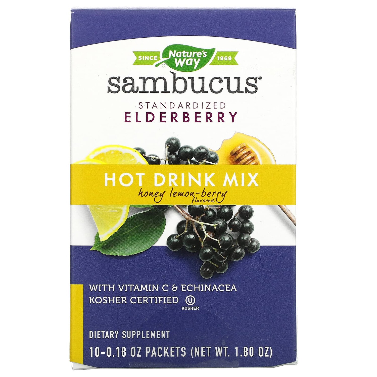 

Sambucus, смесь для приготовления горячих напитков, стандартизированная бузина, мед, лимон и ягоды, 10 пакетиков по 5,1 г (0,18 унции), Nature's Way