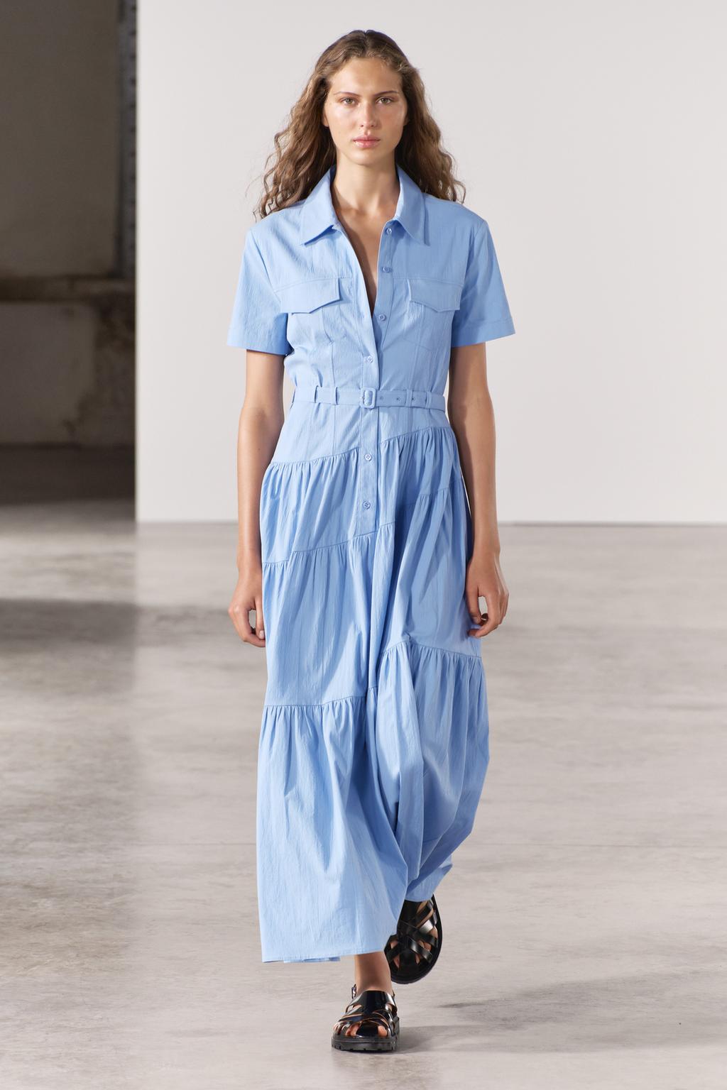 Платье-рубашка с поясом ZARA, светло-синий платье длинное с короткими рукавами m белый
