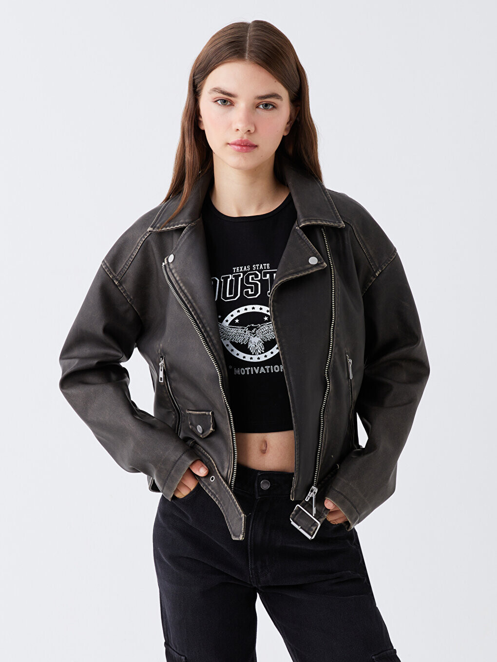 

Женское однотонное кожаное пальто с байкерским воротником LCW Casual, темно-серый мытье