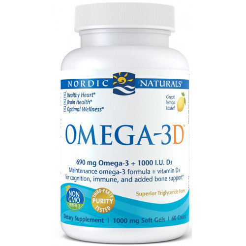 Nordic Naturals, Omega-3D 690 мг Омега-3 + витамин D3 1000 МЕ 60 мягких капсул со вкусом лимона nordic naturals omega 3 690 мг 180 мягких капсул со вкусом лимона