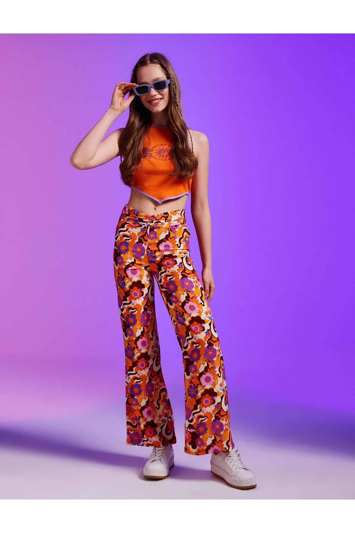 Широкие брюки с высокой талией и цветочным принтом Koton, оранжевый брюки la redoute широкие с принтом и высокой талией jerry 2 m бежевый