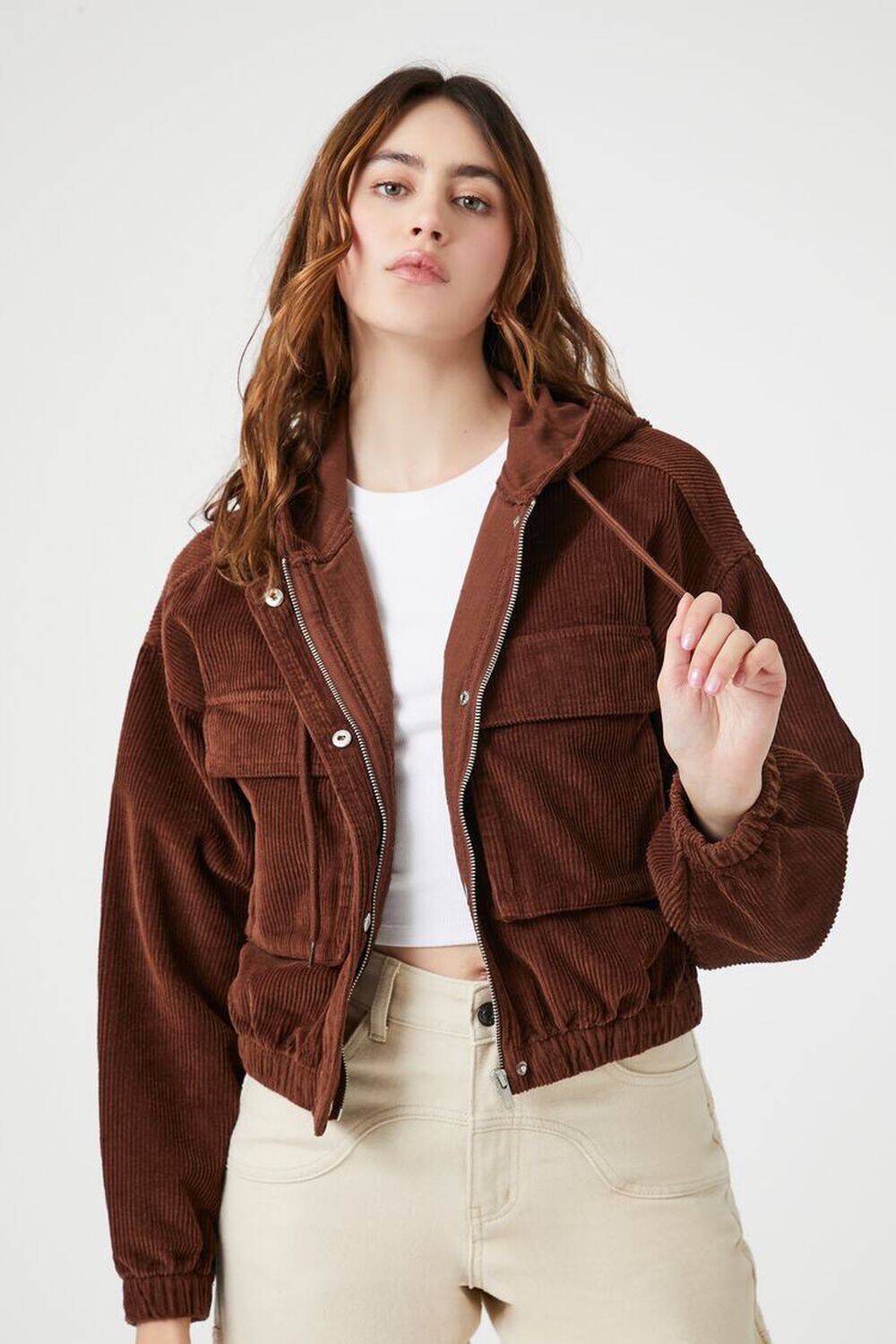 

Вельветовая укороченная толстовка с капюшоном Forever 21, шоколадный, Коричневый