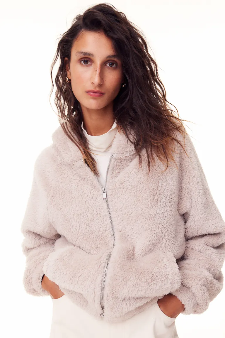 

Топ из пушистой ткани с капюшоном и молнией H&M, бежевый