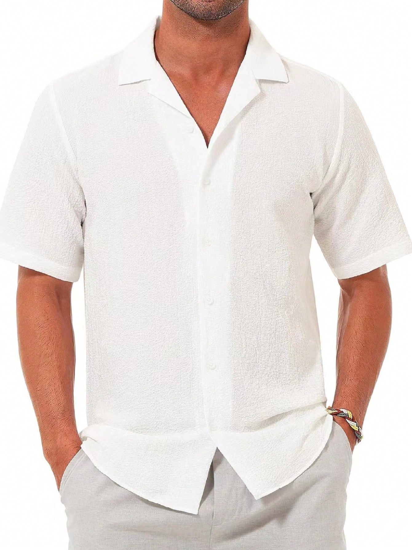 Мужская повседневная рубашка с коротким рукавом на пуговицах, белый