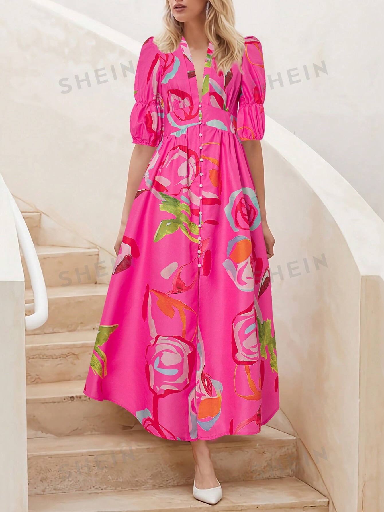 SHEIN Privé Свободное платье с короткими рукавами и V-образным вырезом с узором и принтом, ярко-розовый shein privé платье на тонких бретельках с глубоким v образным вырезом и цветочным тиснением розовый