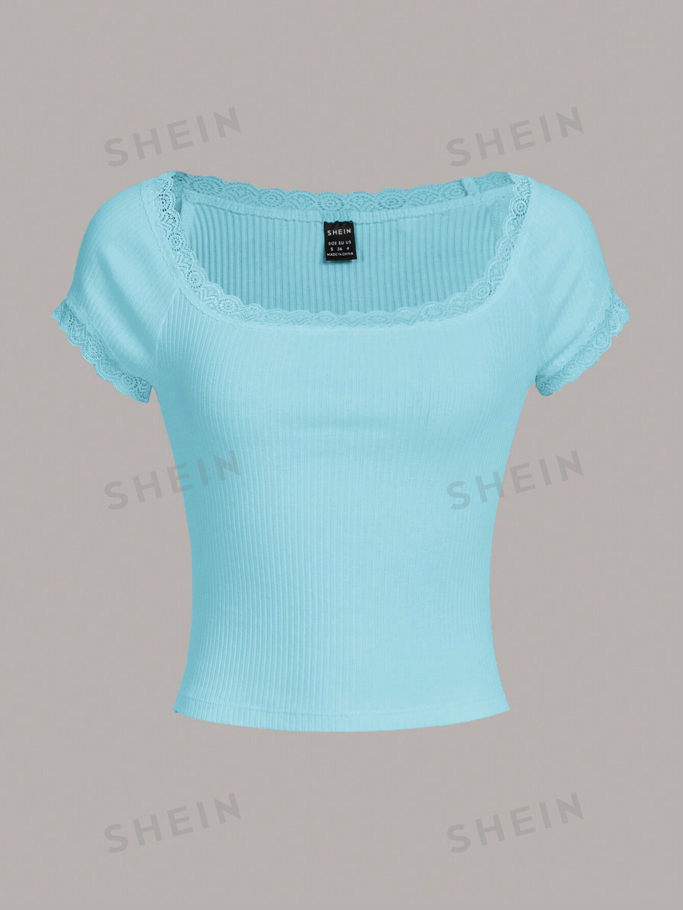 SHEIN Qutie Женская трикотажная футболка с короткими рукавами и кружевным краем, синий
