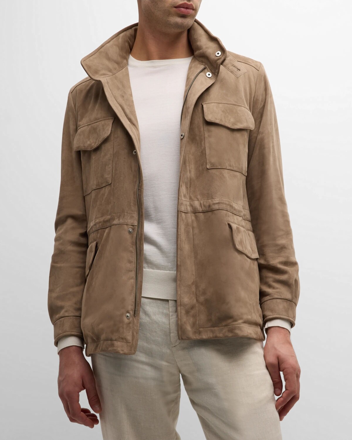 

Мужская замшевая полевая куртка со скрытой молнией Loro Piana, цвет Busty Light Brown