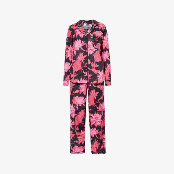 Хлопковый пижамный комплект с цветочным принтом и пуговицами спереди Desmond And Dempsey, черный