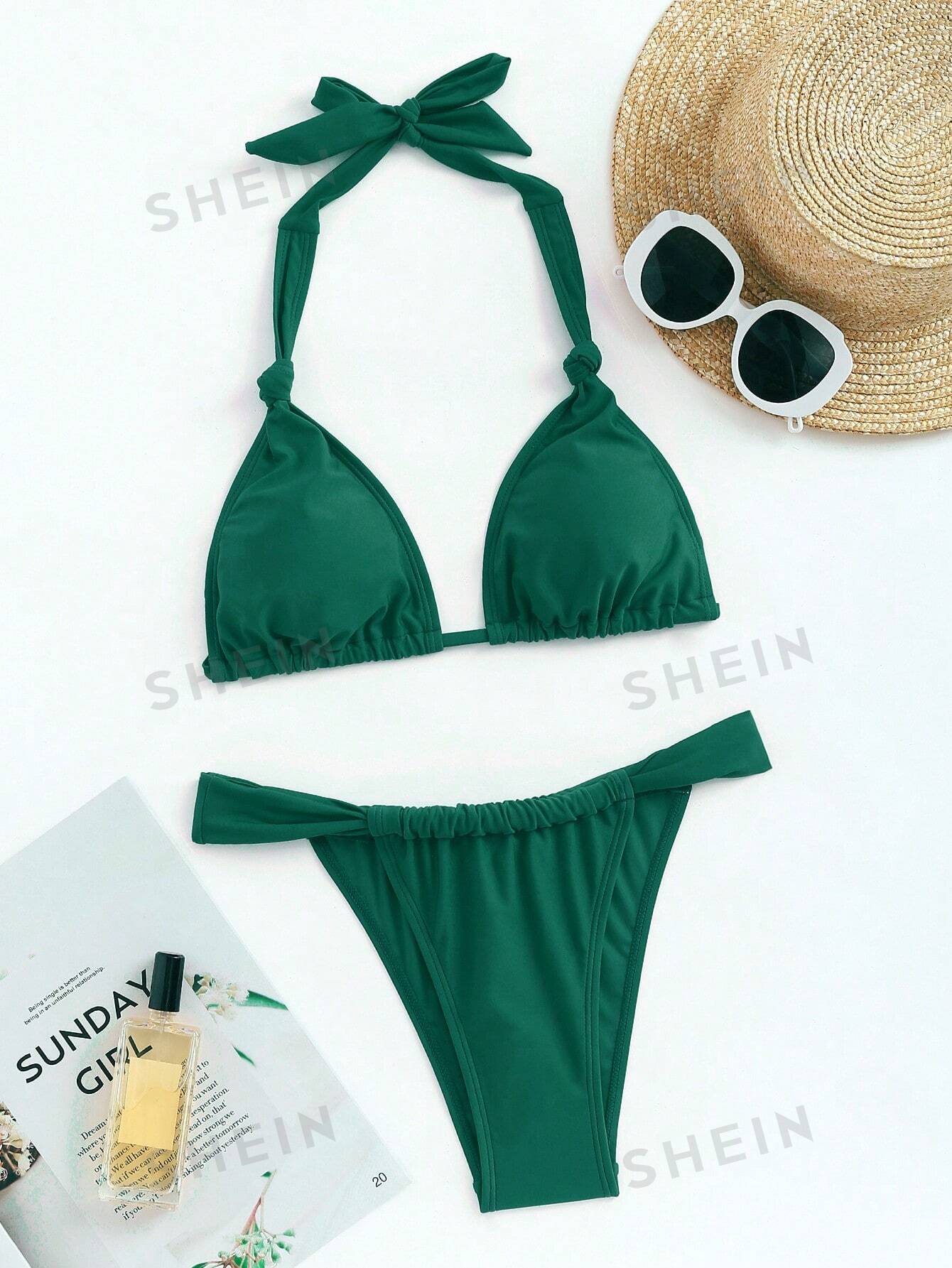 Женский однотонный купальник, темно-зеленый женский купальник бикини треугольный купальный костюм пляжная одежда