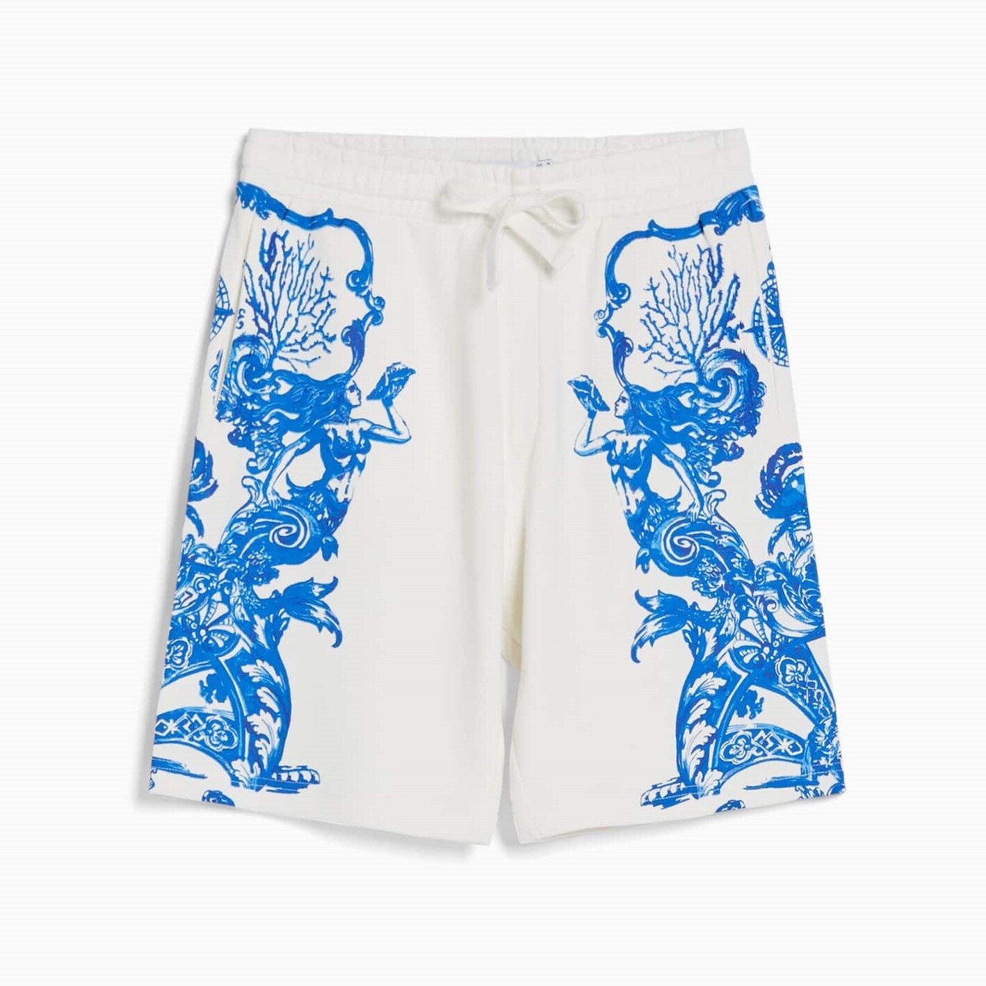 

Шорты Bershka Relaxed-fit Printed Plush Bermuda, белый/синий