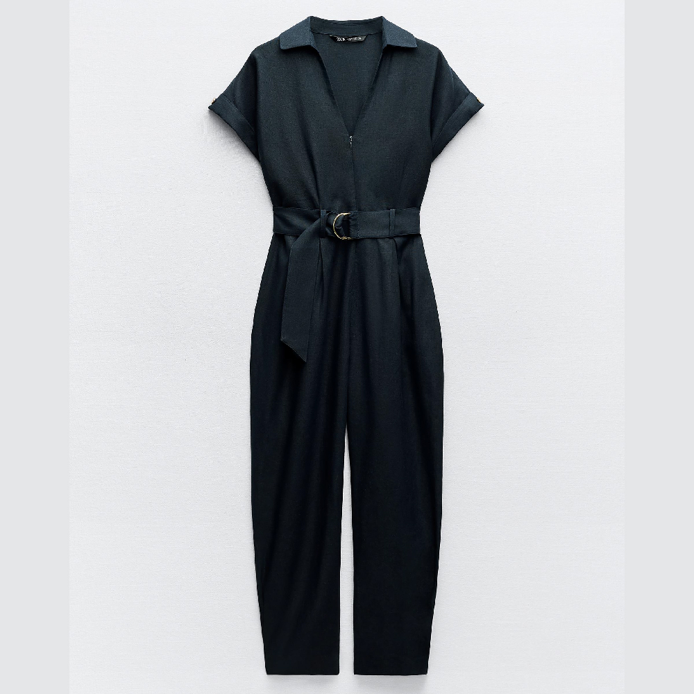 цена Комбинезон Zara Linen Blend With Belt, темно-синий