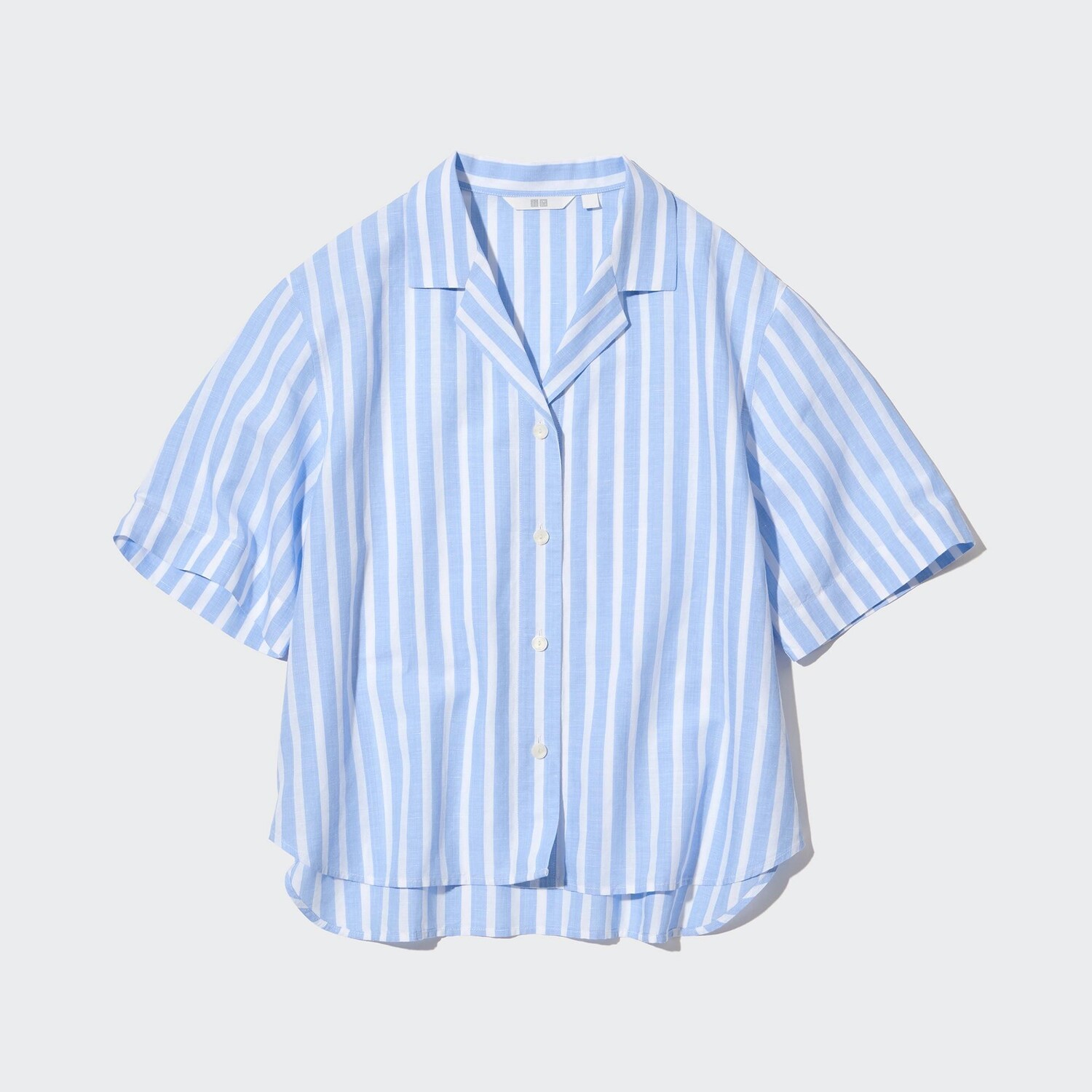 

Рубашка UNIQLO льняная в полоску с открытым вырезом, светло-синий