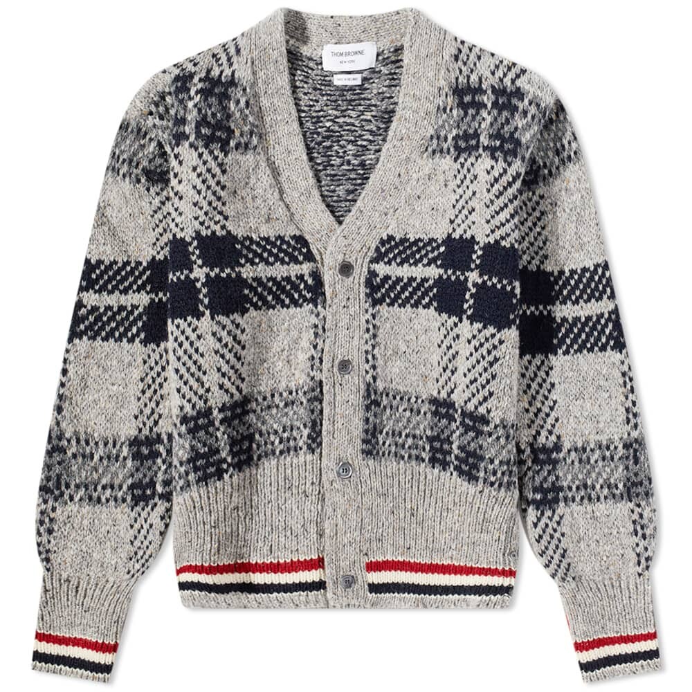 

Мохеровый твидовый кардиган в клетку с круглым вырезом Thom Browne