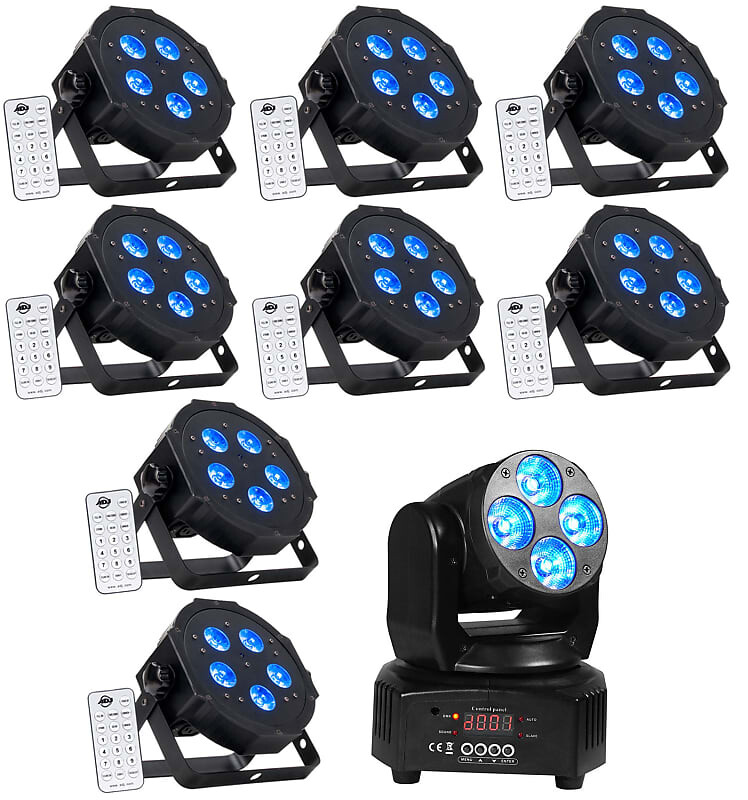 

(8) American DJ ADJ MEGA HEX PAR Can RGBWA+UV Slim LED Wash Lights+Moving Head (8) MEGA HEX PAR+RockOn-7