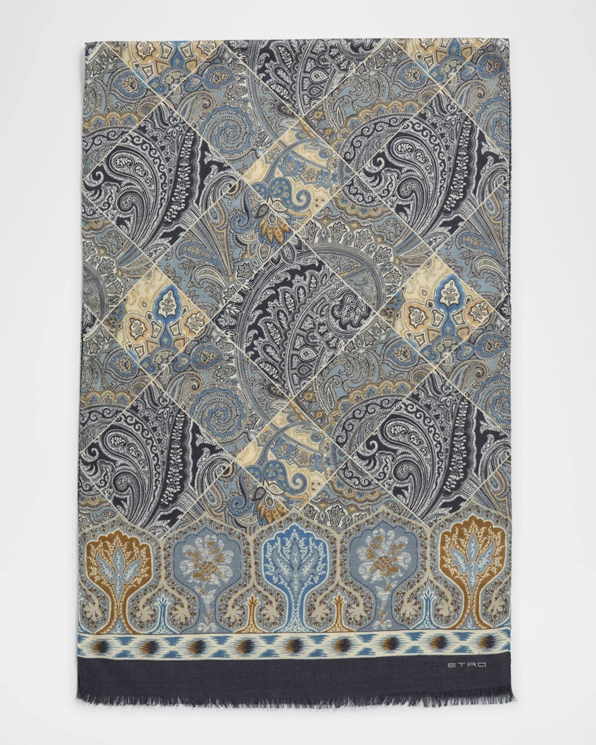 

Мужской шерстяно-шелковый шарф с узором пейсли Etro, цвет Print On Blue Base