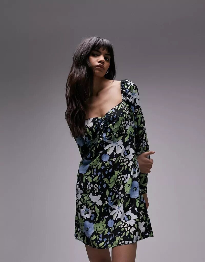 

Повседневное мини-платье Topshop с разноцветным цветочным принтом и пышными рукавами