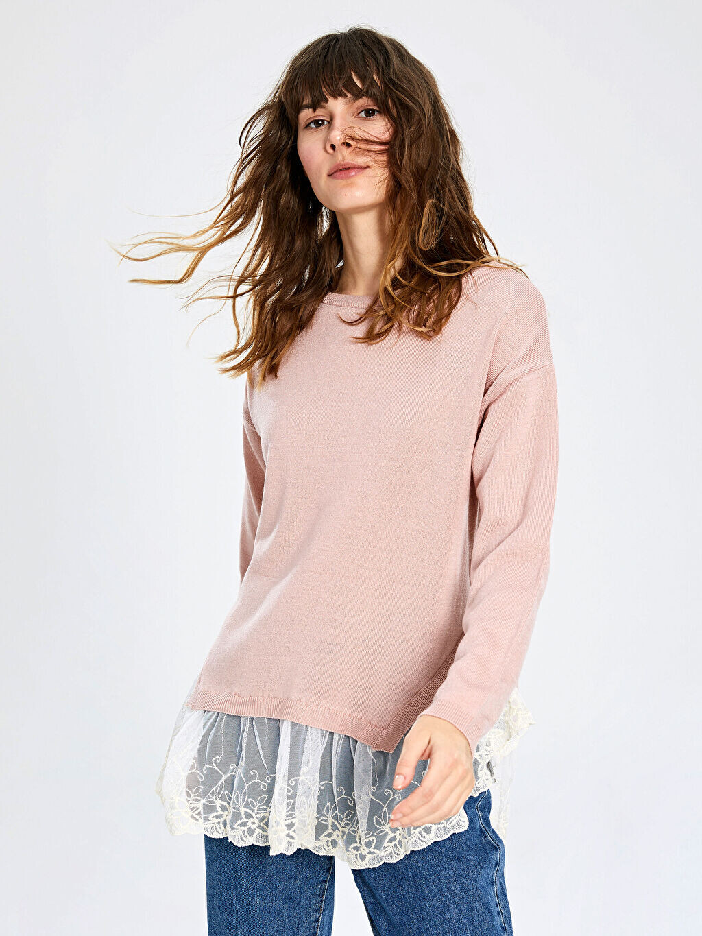 

Женский трикотажный свитер с длинным рукавом и кружевом LCW Casual