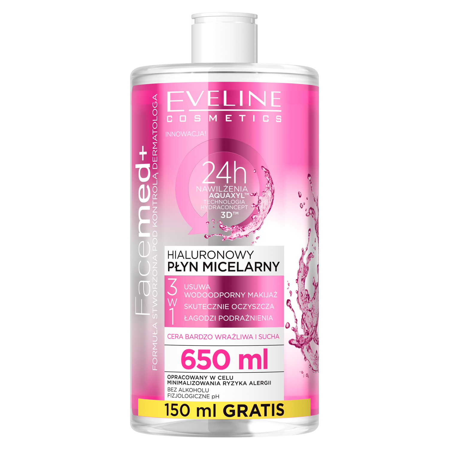 Eveline Cosmetics Facemed гиалуроновая мицеллярная вода 3в1 для лица, 650 мл