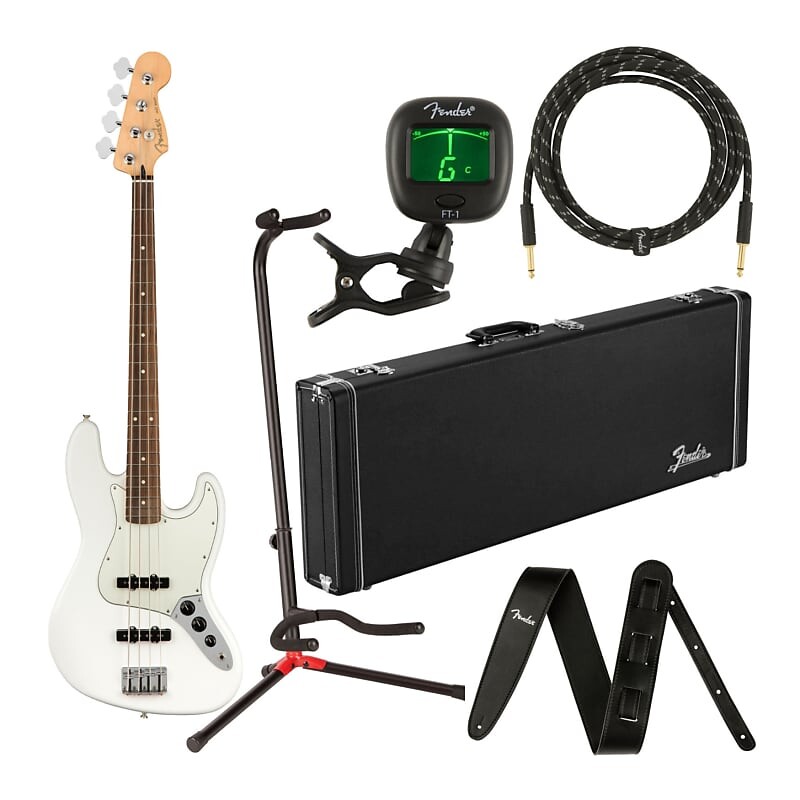 

Fender Player Jazz Bass 4-String Guitar (Pau Ferro Fingerboard, Polar White) Комплект с деревянным футляром, басовыми струнами, ремнем, инструментальным кабелем, подставкой для гитары, пристегивающимся тюнером и предоплаченной картой