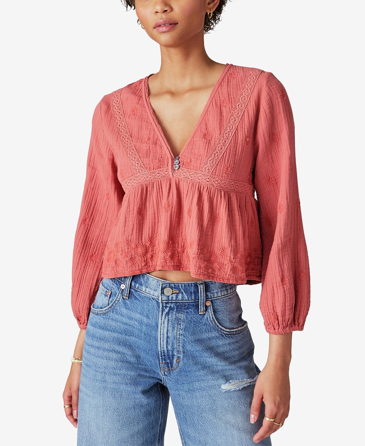 

Женский топ babydoll из хлопка с кружевной вставкой Lucky Brand, мульти