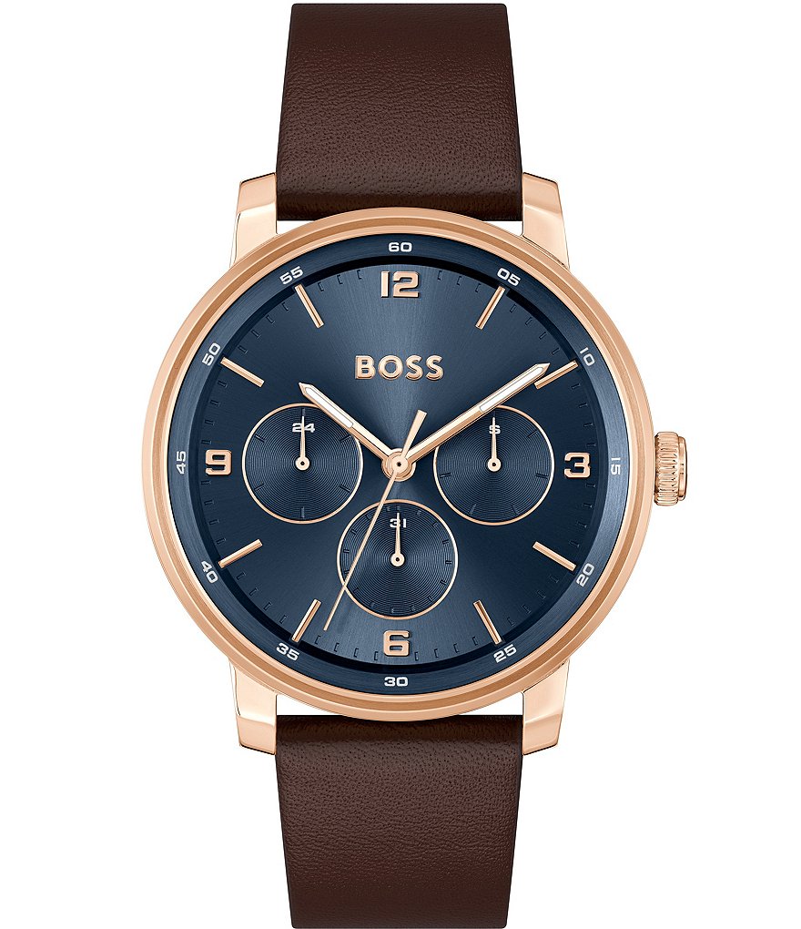 Мужские многофункциональные часы Hugo Boss Contender с коричневым кожаным ремешком, коричневый