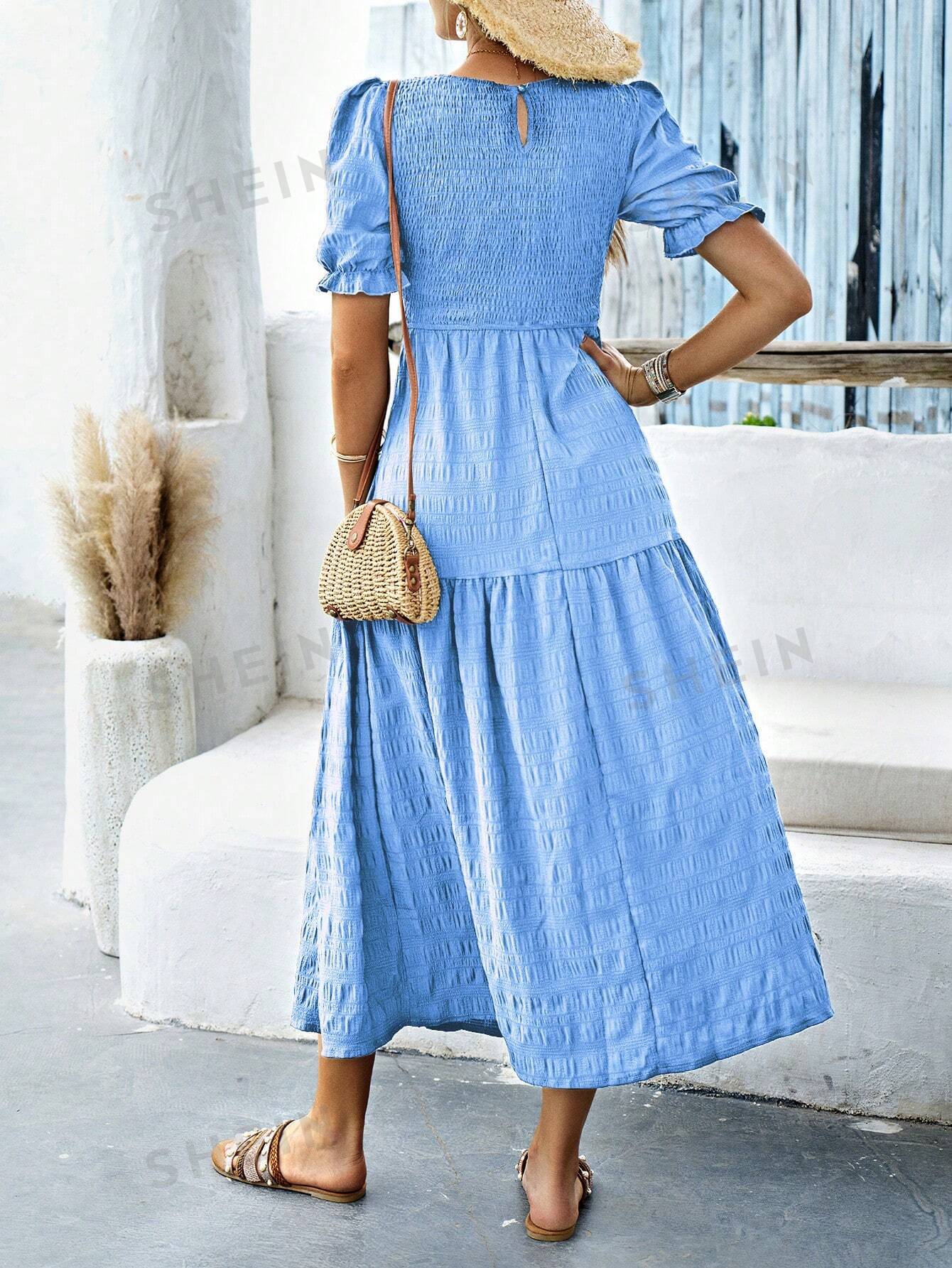 SHEIN VCAY женское свободное платье с круглым вырезом и короткими рукавами-фонариками, синий