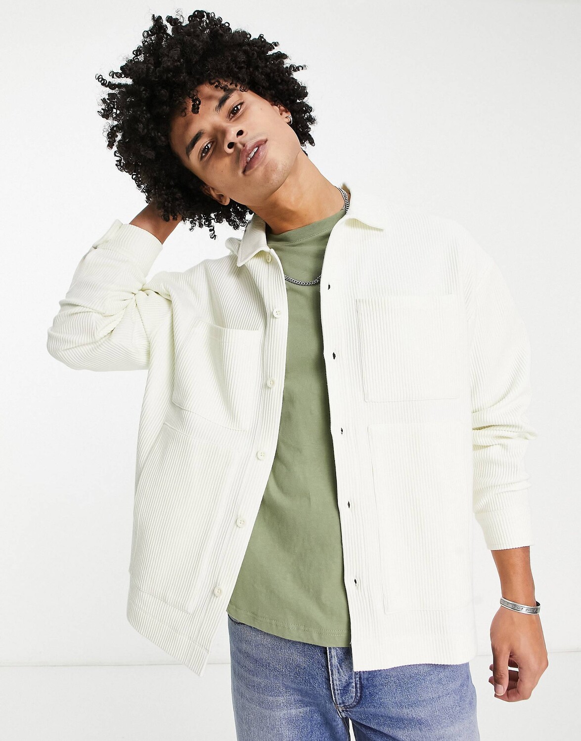 

Свободная рубашка из джерси белого цвета в рубчик ASOS DESIGN