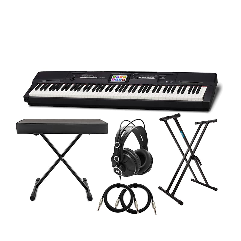 88-клавишное цифровое пианино Casio PX-360BK с регулируемой подставкой для клавиатуры Knox Gear, регулируемой скамьей, закрытыми студийными наушниками и комплектом кабелей 1/4 дюйма TRS computer cables