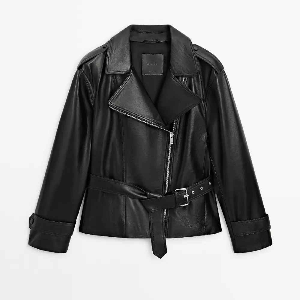 

Куртка Massimo Dutti Black Nappa Leather Biker With Belt, черный