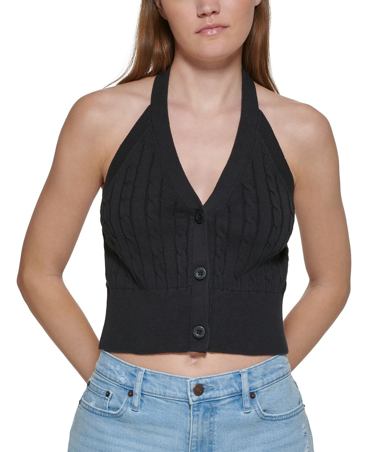 

Хлопковый топ с бретелью и вязкой косой вязкой Calvin Klein Jeans, черный