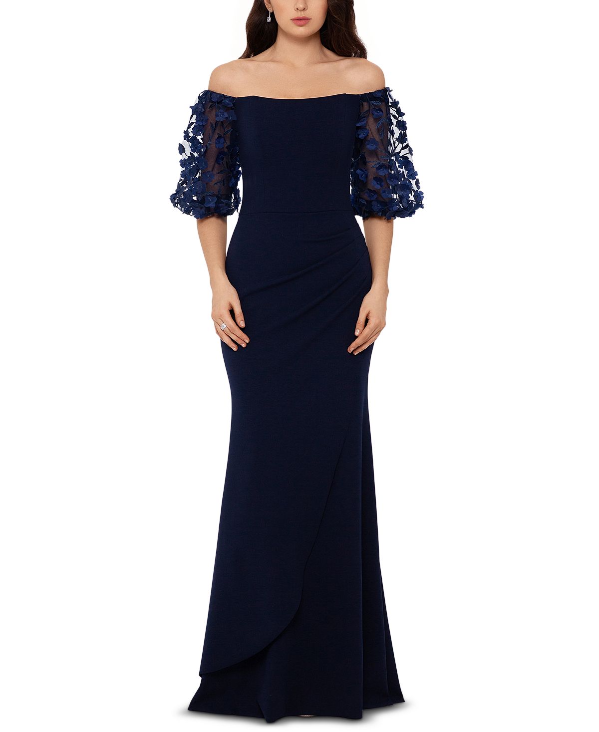 Платье с открытыми плечами и цветочными рукавами XSCAPE, синий