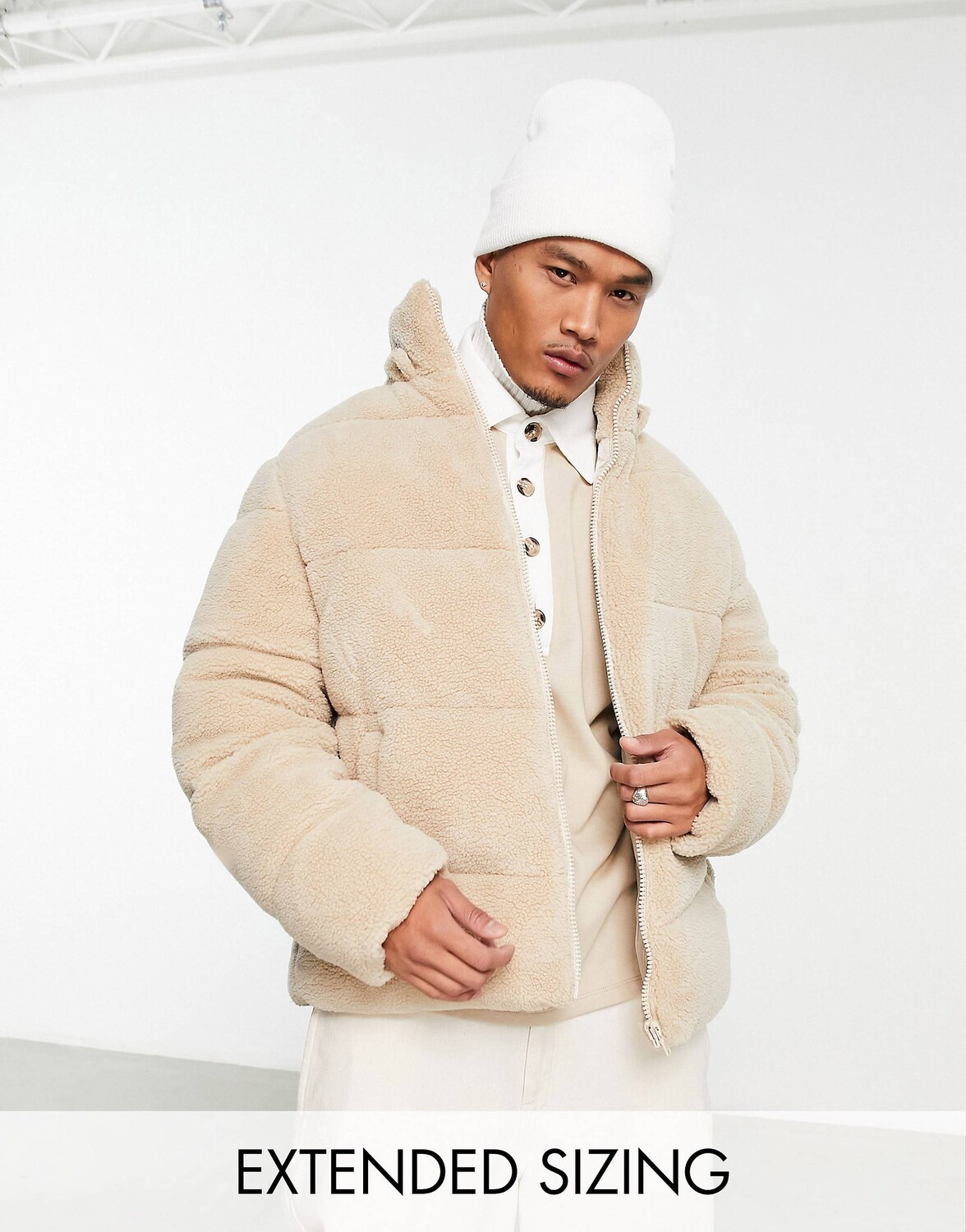 Бежевая пуховая куртка со съемным капюшоном ASOS DESIGN