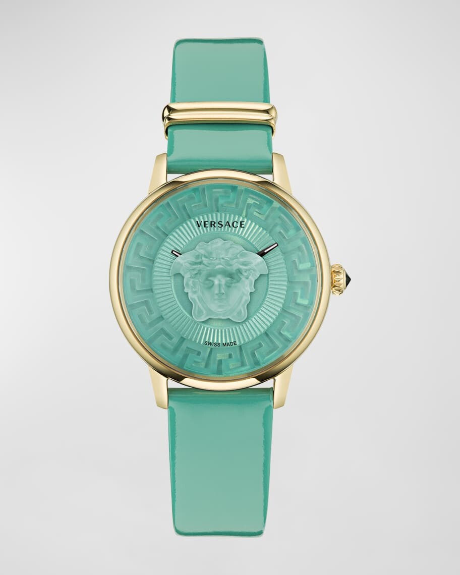 

Кожаные часы Medusa Alchemy, 38 мм, желтое золото/бирюза Versace