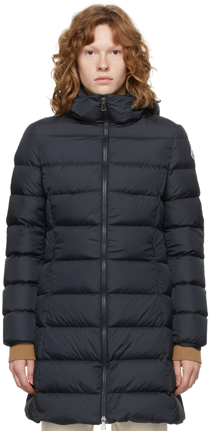 

Темно-синее длинное пальто на пуху Moncler, Синий